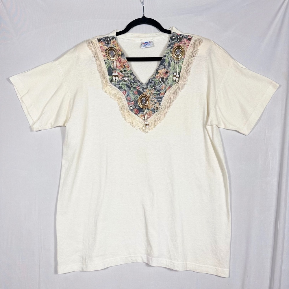 Vtg 80s 90s All Dimension Tapestry Fringe T Shirt Western Concho Boho Cowgirl OS